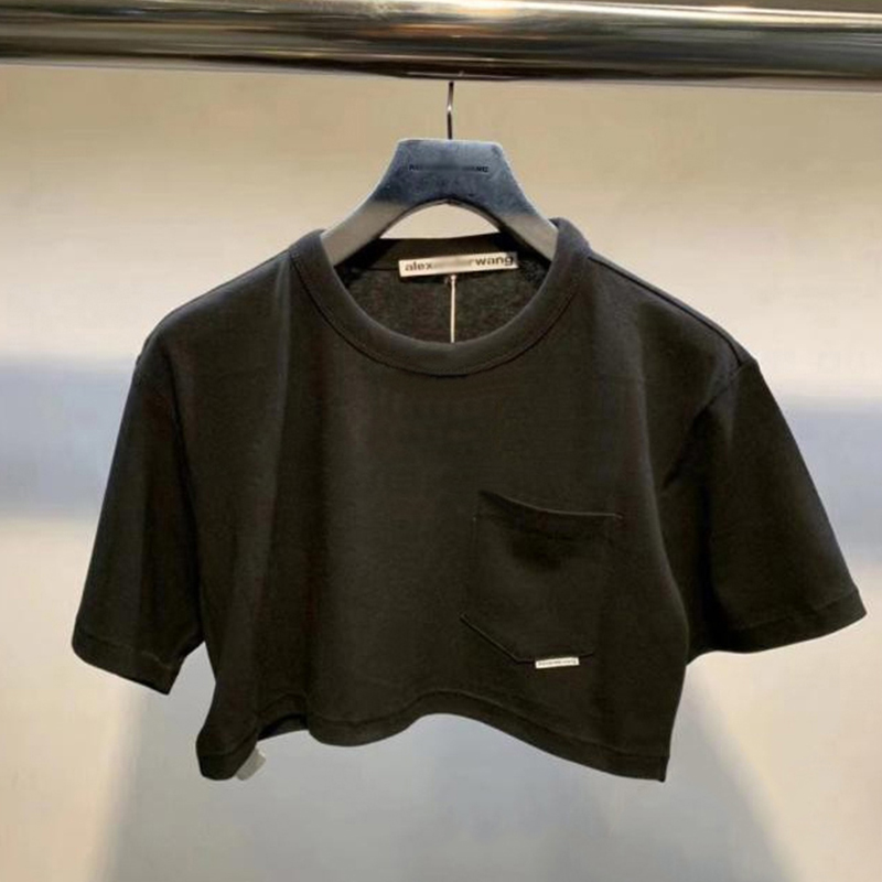 BlackDawang family aw easy white Short sleeve T-shirt female summer pure cotton Patch pocket Super short Sense of design Show thin Minority jacket