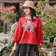 Phong cách quốc gia 2019 xuân hè hè mới cho nữ size lớn tay áo 7 điểm thêu hoa áo sơ mi giản dị - Áo phông
