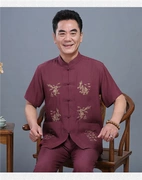 Phù hợp với mùa hè người đàn ông trung niên của Tang phù hợp với bông và vải lanh ngắn tay áo sơ mi Trung Quốc phong cách ông nội kích thước lớn của nam giới trang phục dân tộc
