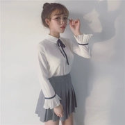 Áo voan nữ dài tay 2018 xuân mới ngọt ngào Nhật Bản nhỏ tươi đại học Wind Bow Tie Top