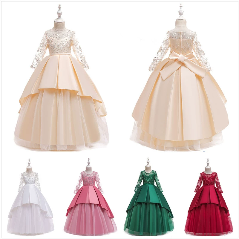 Châu Âu và Hoa Kỳ 2019 trang phục trẻ em váy công chúa ống top nơ lưới sợi dài váy thêu tay dài váy xếp li - Váy trẻ em