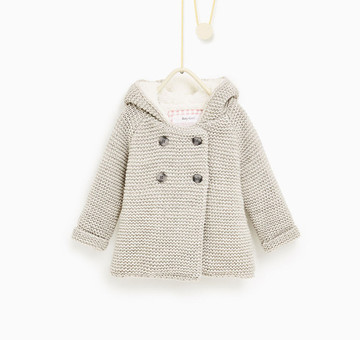 圆领z家冬季男女童灰色针织连帽毛衣加厚外套羊羔绒毛线双排扣大衣