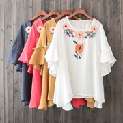 QG22 bông và áo sơ mi vải lanh áo T-Shirt nữ mới tie trumpet tay áo lỏng kích thước lớn nặng làm việc thêu áo sơ mi