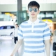 Dây ấm chiếm Nam chuỗi Zhang Han với màu xanh và trắng sọc POLO áo sơ mi ngắn tay T-shirt nam mùa hè Hàn Quốc phiên bản của một nửa tay áo dệt kim Polo