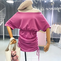 Hàn Quốc phiên bản của từ vai eo nếp gấp tie Một từ váy nữ 2018 mùa hè mới ngắn tay cao eo slim dress váy suông chữ a cho người béo
