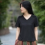[Lanyuan] Jixiang Yuer mùa thu ban đầu Trung Quốc phong cách cổ áo đan top cotton tre ngắn tay hoang dã T-Shirt nữ áo phông rộng