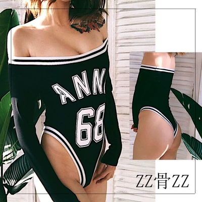 ZZ骨ZZ欧美性感一字领字母数字条纹连体夜店显身材长袖打底T恤衫-淘宝网