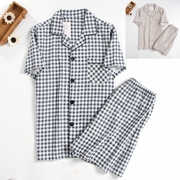 Bông gạc đồ ngủ nam mùa hè ngắn tay quần short siêu mỏng vải cotton nửa tay áo nửa quần nhà dịch vụ phù hợp với lưới