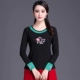 Phong cách quốc gia dài tay áo mùa xuân mới phong cách Trung Quốc thêu t-shirt Slim thêu kích thước lớn stretch đáy áo sơ mi nữ