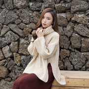 Đơn giản tính khí hoang dã lỏng rắn màu kim dày cao cổ áo chia ngã ba áo len áo len Hàn Quốc nữ 2018