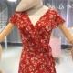 Thắt lưng cao bow tie cánh hoa váy nữ 2018 mùa hè mới ngắn tay mỏng v- cổ xù đầm