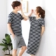 Sọc vài bộ đồ ngủ mùa hè bông phụ nữ nightdress phần dài Hàn Quốc phiên bản của lỏng thường bông người đàn ông nhà dịch vụ mùa xuân