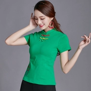 Phong cách quốc gia mùa hè ăn mặc mới của Trung Quốc phong cách của phụ nữ thêu đứng cổ áo khóa ngắn tay t-shirt Slim kích thước lớn bông đáy áo