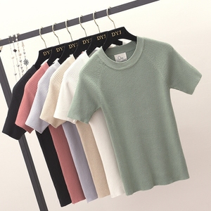 2018 mùa xuân của phụ nữ new slim đáy áo len mỏng đoạn ngắn đầu chặt chẽ ngắn tay chic áo len