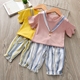 Trẻ em của mặc Hàn Quốc mùa hè mát mẻ cô gái thở đặt bông trumpet tay áo ngắn tay áo hoang dã 7 quần 2 peça Set Phù hợp với trẻ em