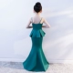 Thời trang ren xanh mới Fake Two Piece Slim Fishtail Model Catwalk Dress 2019 Sling - Váy trẻ em