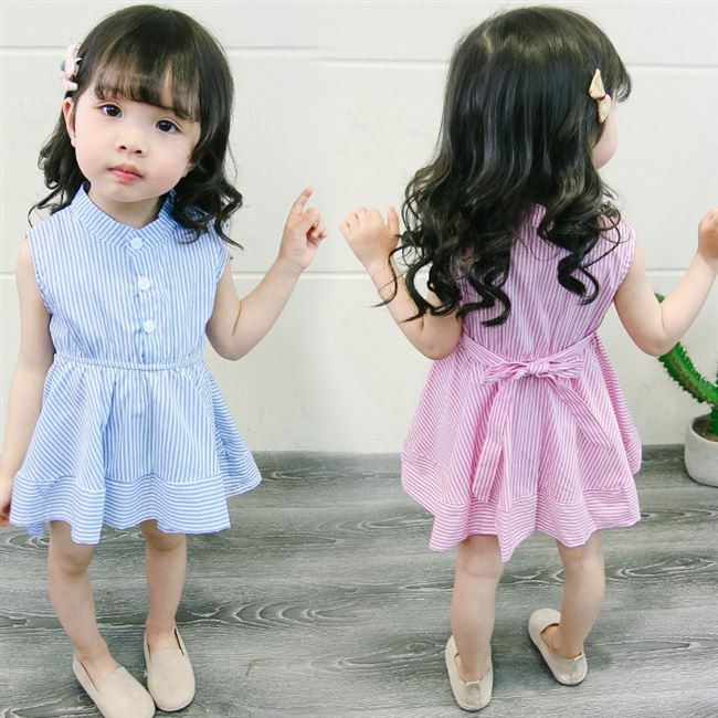 Váy bé gái mùa hè 2019 khác cotton nữ công chúa bé gái váy hồng sọc tay áo trẻ em - Khác