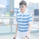 Dây ấm chiếm Nam chuỗi Zhang Han với màu xanh và trắng sọc POLO áo sơ mi ngắn tay T-shirt nam mùa hè Hàn Quốc phiên bản của một nửa tay áo dệt kim