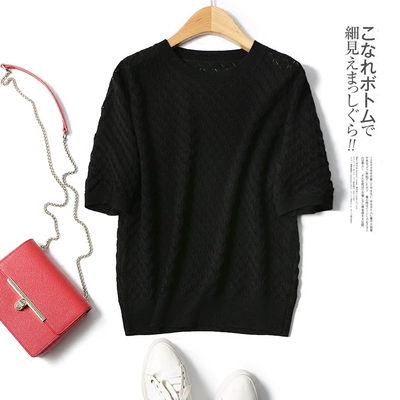 怎么穿都好看！树叶勾花，性感小镂空 遮肉直筒短袖针织衫上衣 女-淘宝网