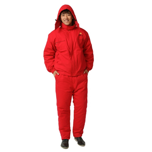 Красный цветной пуховик, комплект, защищающие от холода штаны, зимняя шапка для работы