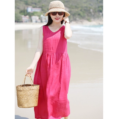 [Mùa Hè màu đỏ ~ Rose] mười mét gỗ gốc 2018 mùa hè mới du lịch nghệ thuật linen vest váy với một vành đai đầm hở lưng Sản phẩm HOT