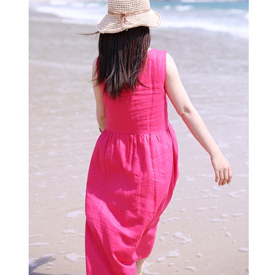 [Mùa Hè màu đỏ ~ Rose] mười mét gỗ gốc 2018 mùa hè mới du lịch nghệ thuật linen vest váy với một vành đai Sản phẩm HOT