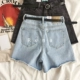 RENA Hàn Quốc mùa hè retro cao eo mỏng lỏng đa năng đơn giản nhỏ quăn quần denim quần short để gửi vành đai Quần jean