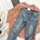 RENA Hàn Quốc mùa xuân và mùa hè retro rửa sạch màu xanh đơn giản hoang dã đầu gối cắt cao eo căng mỏng quần denim quần jean nữ Quần jean