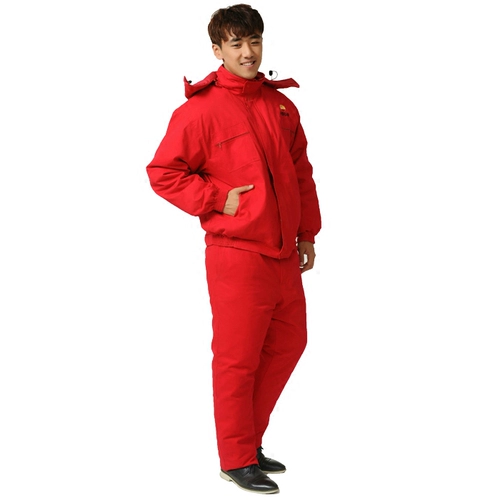 Красный цветной пуховик, комплект, защищающие от холода штаны, зимняя шапка для работы