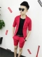 Tinh thần xã hội guy mùa hè Hàn Quốc ngắn tay giản dị phù hợp với phù hợp với triều nhanh tay red net quần short màu đỏ hai mảnh set đồ đôi nam nữ Bộ đồ